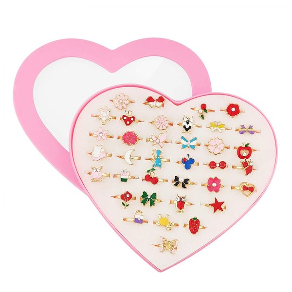 SUNMALL 36 pcs Adjustable Rings in Box, No Duplication, Children Kids Little Girl Pretend Play and Dress up Jewelry Set with Heart Shape Display Case, (A)