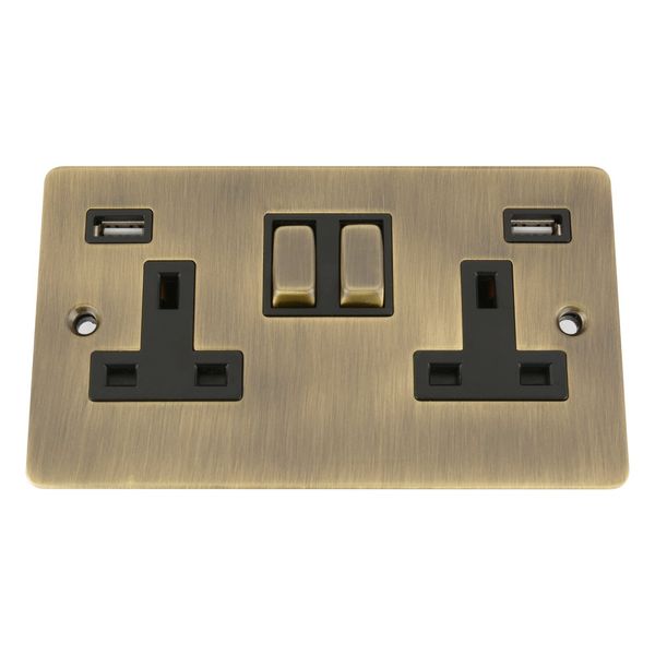 Antique Brass Flat USB Socket 2 Gang Black Insert Metal Rocker Switch (2100mA)