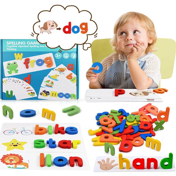 JORAKI Spelling Games for Kids, See and Spelling Words Matching Letter Puzzle Game Wooden Alphabet Blocks Preschool Educational Toys Develops Vocabulary and Spelling Skills Toys for Kids Toddlers