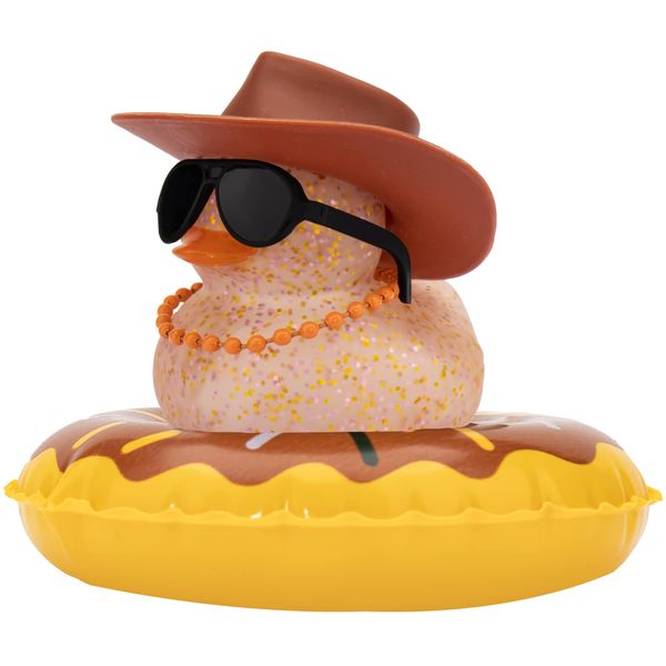 wonuu Rubber Duck Car Decorations Cute Car Accessories Dashboard Car Ornament with Cowboy Hat Swim Ring Colour Necklace and Sunglasses(B_yellow straw clear)