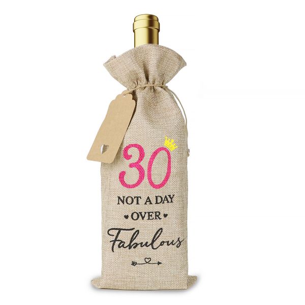 30th Cotton Linen Wine Gift Bag Drawstring Bottle Bag for Wine with Tag and Rope 30 Years Old Birthday Gift Wine Bottle Cover Gift Bags for Women Wife Friends