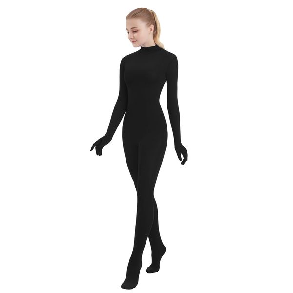 SUPRNOWA Full Body Unitard Turtleneck Spandex Footed with Gloves Long Sleeve Bodysuit Unisex (Small, Black)