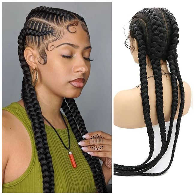 RainaHair Black Braided Wigs 4x Twist Cornrow Braided Wig with Baby Hair X Pression Braiding Hair Synthetic Lace Front Wigs for Women Cosplay Costume