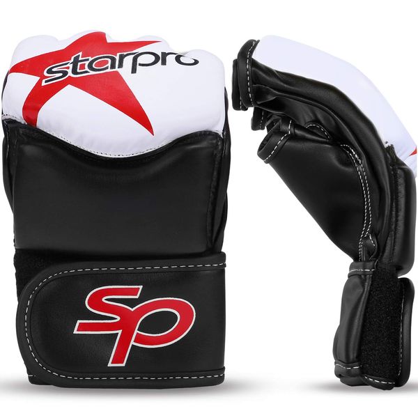 Starpro MMA Grappling Gloves Training - Good for Kickboxing Martial Arts Karate Combat Cage Fight Sparring Punch Bag Boxing Mitts | Synthetic Leather for Men & Women White & Red (White/Black, L)