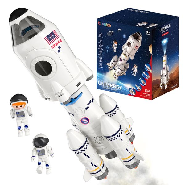 Space Shuttle Rocket Ship Toys for Kids Boys Age 3 4 5 6 7 8 9 Years Old, 5-in-1 STEM Science Educational Aerospace Toys with 2 Astronauts Figures, Projection Lamp, Space Toy Gift Birthday Christmas