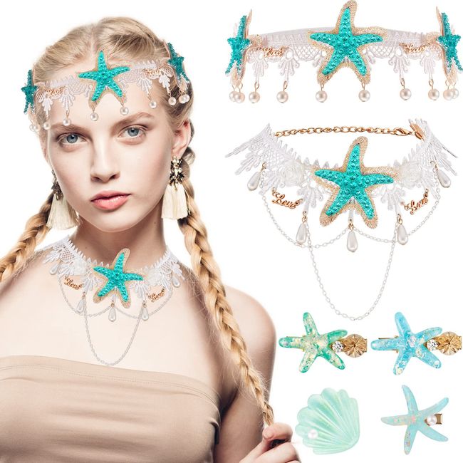 6 Pieces Mermaid Hair Accessories Starfish Hairband Starfish Shell Necklace Mermaid Headband Seashell Starfish Hair Clip Mermaid Hair Clip Mermaid Costume Accessories for Women Girl Chirstmas Supplies