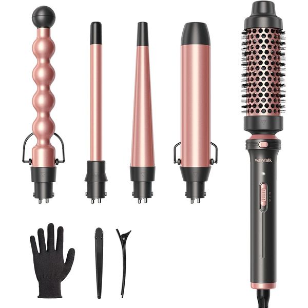 Wavytalk Hair Curler, 5 in 1 Curling Tongs Set with Curling Brush and 4 Interchangeable Ceramic Curling wand (13-32mm), Heat-Resistant Glove & 2 Hair Clips Hair Styling Tool for Long Medium Short Hair