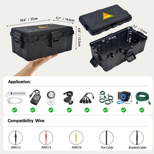 Hrensaw Outdoor Electrical Box, Weatherproof Connection Box w/6 Cable Seal Entry, IP54 Waterproof Extension Cord Cover Protect Power Strip, Timer Outlet,Socket,Plug,Holiday Lights Decoration,Black