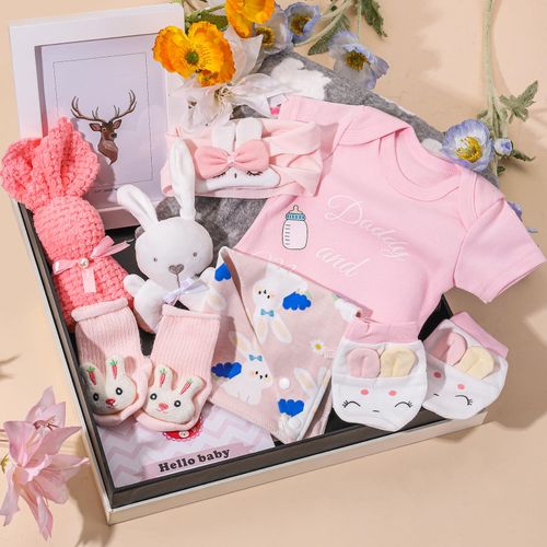 Baby Girl Gifts, Baby Shower Gifts for Girls, New Born Gift Basket Baby Gift Essential Stuff, Gender Reveal Gifts Easter Bunny Gift with Baby Blanket