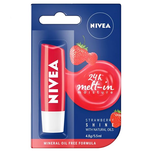 Nivea Lip Care 4.8 g Strawberry Nourishing Mineral Oil Free Tinted All-Day Nourishing Moisture Enriched with Strawberry Extract, Shea Butter and Jojoba Oil (Pack of 2)