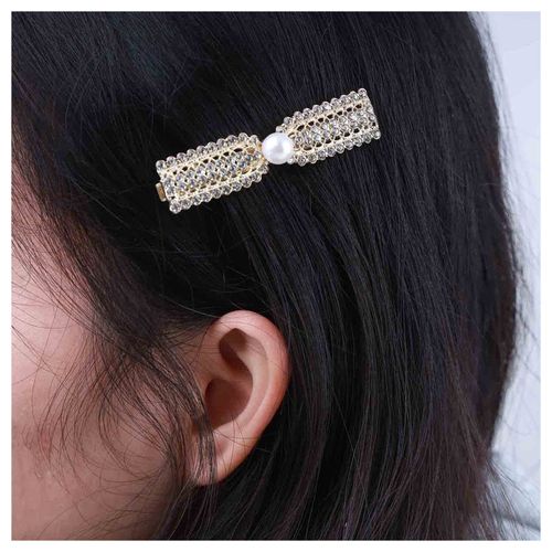 Andelaisi Vintage Crystal Pearl Hair Clip Barrette Wedding Rhinestone Hair Barrettes Gold Pearl Crystal Barrette Head Clips Bride Pearl Hairclip Decorative Headwear Crystal Wedding Headpieces
