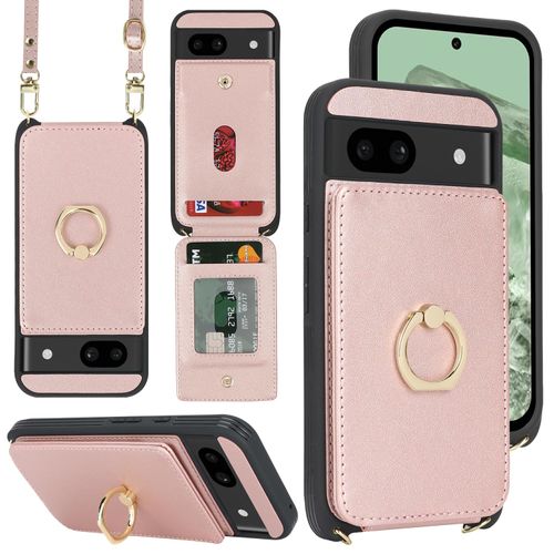 Lipvina for Google Pixel 8A Case with Card Holder and Strap for Women,Crossbody Lanyard,Ring Stand,Snap Clasp,Phone Wallet Cases 6.1 inch(Rose Gold)