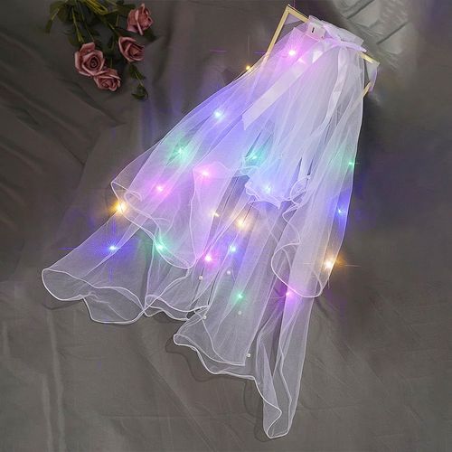 JONKY 2 Tier Led Bride Wedding Veil White Light up Pencil Edge Bridal Veils with Hair Clip Glowing Party Club Statement Headpieces for Women(Multi-color)