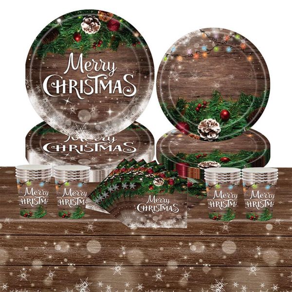 69Pcs Christmas Party Tableware Plastic Table Cloth Cover,Paper Plates,Napkins and Cups for Xmas Party Table Decorations,Woodgrain Merry Christmas Disposable Dinnerware Set for Christmas Party Supplie