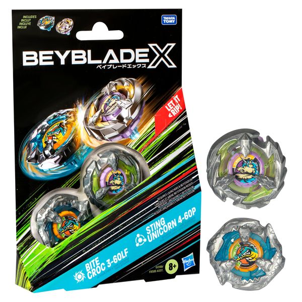 BEYBLADE X Bite Croc 3-60LF and Sting Unicorn 4-60P Dual Pack Set with 2 Right-Spinning Tops; Battling Top Toys for 8 Year Old Boys and Girls