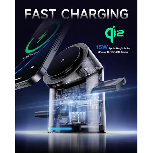 ZEEHOO 3 in 1 Charging Station for Apple Devices, Mag-Safe Charger Stand, Qi2 15W Auto-Rotating Wireless Charging Station for iPhone 16/15/14/13/12 Series& AirPods& iWatch(30W Charger Included)