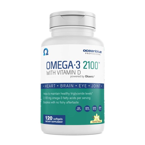 Oceanblue Omega-3 2100 with Vitamin D3 – 120 ct – Triple Strength Burpless Fish Oil Supplement with High-Potency EPA, DHA, DPA and Vitamin D3