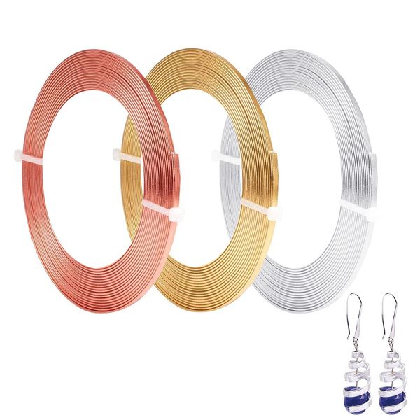 Cinvo 3 Rolls Flat Craft Wire Jewelry Wire Flexible Aluminum Wire Tarnish Resistant for Bezel Sculpting DIY Jewelry Craft Making (1mm thickness, 3mm Width, Silver, Gold and Rose Gold)