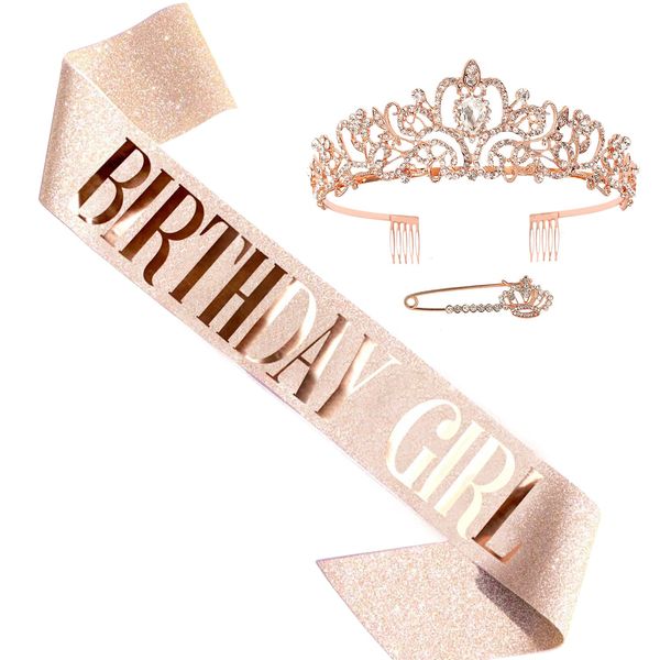 HUAZONTOM Birthday Crown, Brooch, 3-Piece Set, Birthday Girl, Tiara, Party Goods, Birthday Headband, Party Hat, Birthday Decoration, Girl, Stylish, Rose Gold