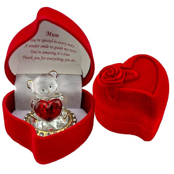 SAFRI Mum love heart teddy bear red rose Mother's Day Christmas birthday boxed glass ornament