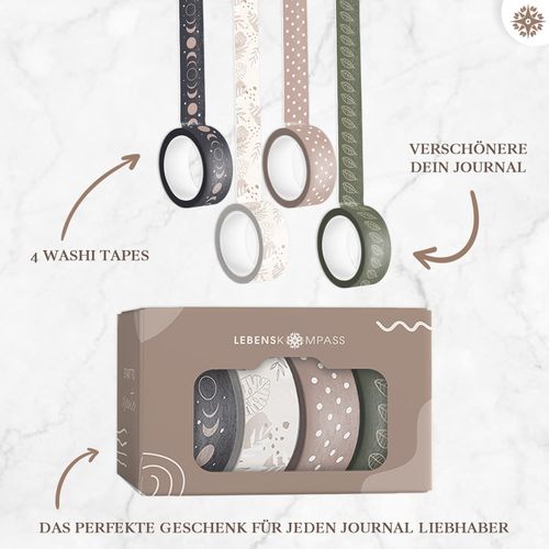 LEBENSKOMPASS® Washi Tape - 4 Rolls Washi Tape Set Masking Tape for Your Bullet Journal Accessories & DIY 15 mm x 3 m - Bullet Journal