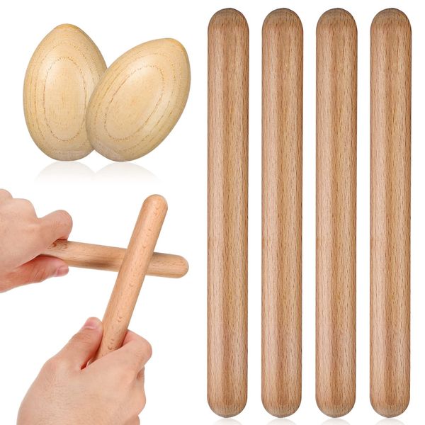 Vaguelly 2 Paar Klanghölzer und 4 Stücke Egg Shaker, Holz Klangstäbe Claves Rhythmus Rasselei, Schlaginstrument Lehrmittel für Kinder, Erwachsene