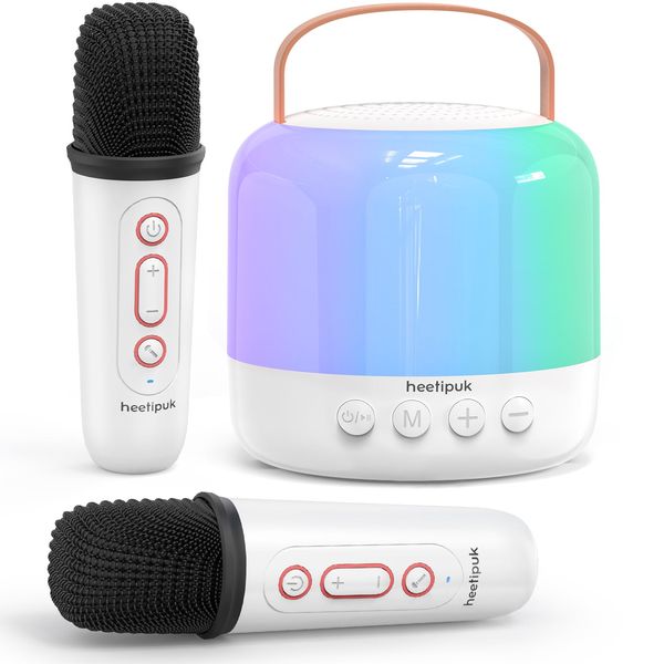 Mini Karaoke Machine for Kids Adults,Portable Bluetooth Speaker with 2 Wireless Microphones Toys Gifts for Girls 4-12 Years Old,Karaoke Speaker with Dazzling Lights (White-Square Mics)