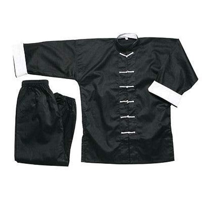 Ace Martial Arts Supply 100% Cotton Kung Fu Uniform -All Black, All White, and Black with White Cuffs (White Cuff Black with White Knot, 6)