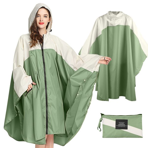 SOPPY Lightweight Waterproof Rain Poncho for Women Men, Windproof Reusable Ripstop Breathable Raincoat with Hood for Outdoor Activities Quick Dry Hooded Raincoat Free Size - Mustard Green