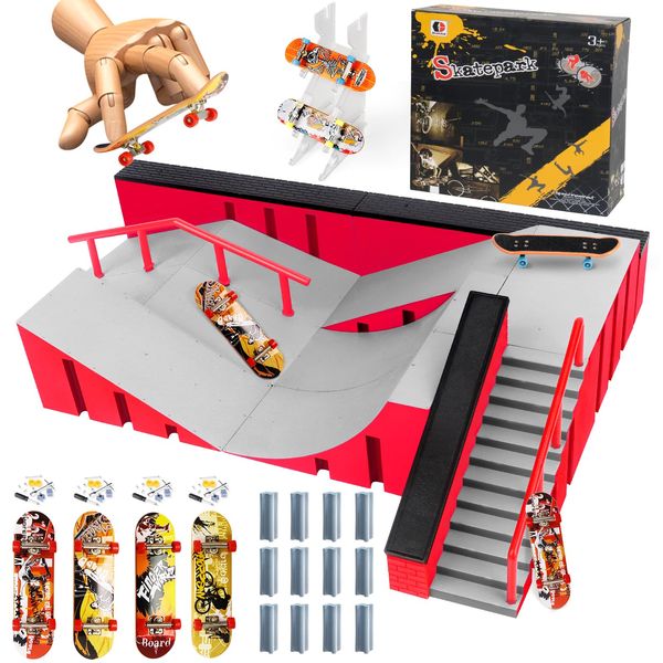 KETIEE Finger Skateboard Ramp Set, 7 in 1 Fingerboard Ramps Skate Park Kit, Finger Toy with 7 Skatepark Deck Ramps 4 Finger Skateboards & Display Holder Half Pipe Skate Game Starter Training Props