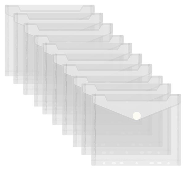 10 Stück Dokumententasche A5, 23x18cm Umschlagmappen zum Abheften Dokumentenmappe Sichttaschen mit Klettverschluss, Sammelmappen Wasserdicht für Dokument Organisieren (7 Löcher, Transparent)