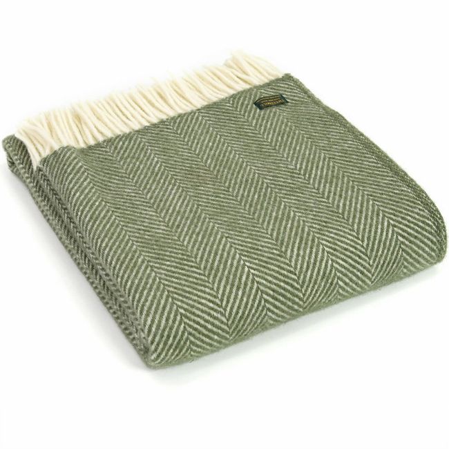 Tweedmill Textiles Fishbone Throw Blanket -100% Pure New Wool - BRITISH MADE - OLIVE GREEN