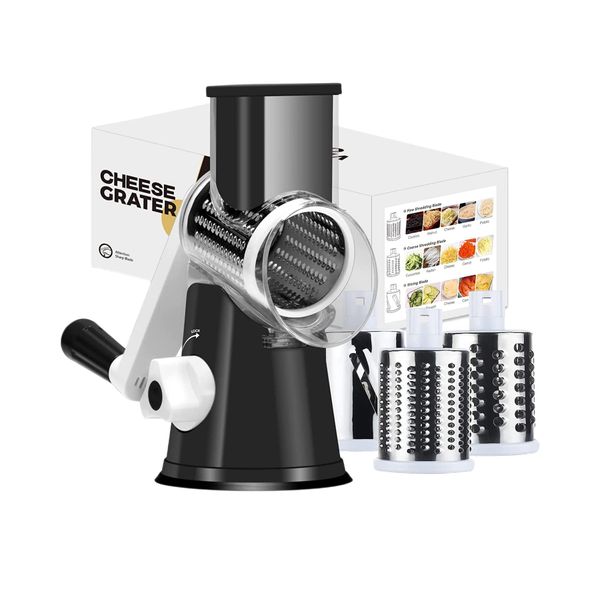 Ourokhome Rotary Cheese Grater Vegetable Slicer - Rotary Round Drum Grater Chopper with 3 Stainless Steel Drums Strong Suction Base (Black)