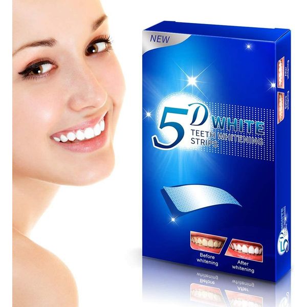 5D Teeth Whitening Strips 28 Strong Strips with Peroxide Free Gel, Remove Dental Stains Plaque & Scale, Whiten Yellow Teeth Two Weeks Whitening Treatment