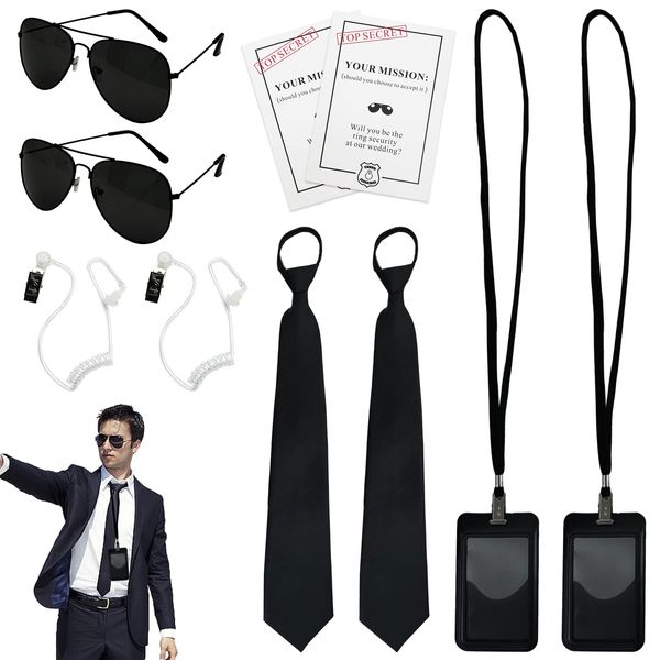 Agenten-Kostüm-Zubehör, 10 Stück, Geheimagenten-Zubehör, Sicherheitsbeamte für Herren, mit Krawatte, Sonnenbrille, Kartenhalter, Kopfhörerschlauch, Karte für Erwachsene, Kinder, Weltbuchtag Kostüm,