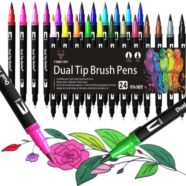 Colouring Pens, 24 Colours Felt Tip Pens Set Dual Brush Pens Art Markers for Kids Adults Colouring, Fineliner and Brush Tips for Drawing Sketching Calligraphy Painting Lettering Bullet Journal