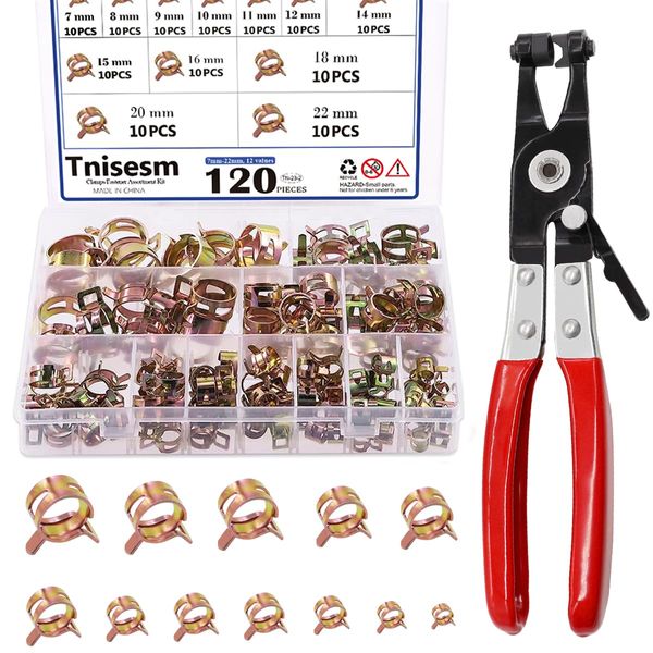 Tnisesm 121Pcs 6-22mm Spring Hose Clamp Assortment kits with Swivel Flat Band Fuel Hose Clamp Plier, Silicone Vacuum Hose Action Pipe Clamp Low Pressure Air Clip Clamp for Hose Clamps