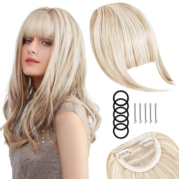 Clip in Bangs Hair Extensions, Full Neat Bangs Fringe Hair Extension One Piece Clip on Front Bangs Hairpiece Forehead Topper, Clip in Fringe Wigs Synthetic for Girls Women, Fashion Blonde