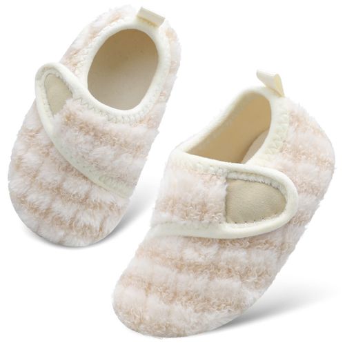 Scurtain Girls Slippers No-Slip Memory Foam Slippers Soft Rubber Sole House Shoes for Bedroom Indoor Outdoor Strip Beige 3.5-4.5 Infant