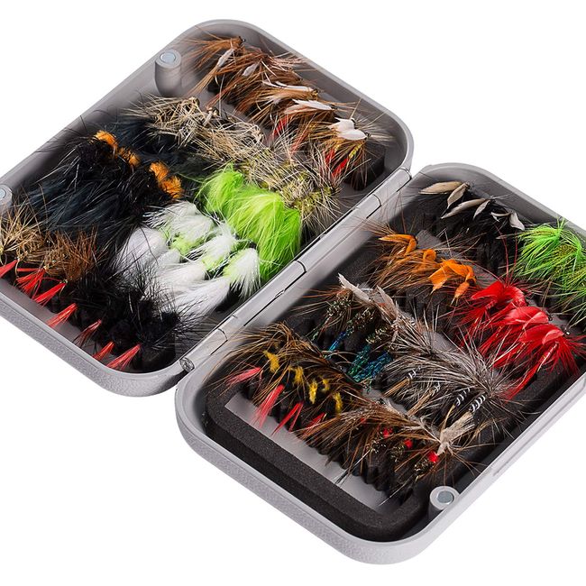 Bassdash Fishing Fly Set with Waterproof Case, Set of 64 for Fly Fishing, Streams, Tenkara and Trout Fishing