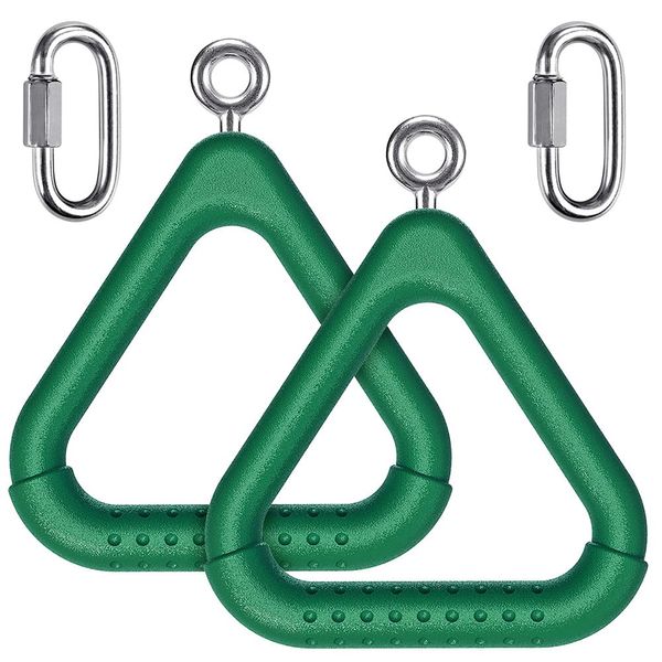 Dolibest Trapeze Ring, 2 Pack Swing Set Gym Ring Triangle Monkey Bar Handle Grip with Carabiner for Outdoor Playground Obstacle Course Playset Training Equipment Indoor Fun Activity, Green