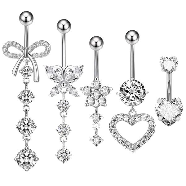 kodivenj 5pcs Belly Button Bars,Belly Bar 14G Navel Bars,Dangly Belly Button Piercing Jewellery,Silver Stainless Steel Belly Bars with Flower Butterfly Heart Navel Piercing Jewelry for Women Girls