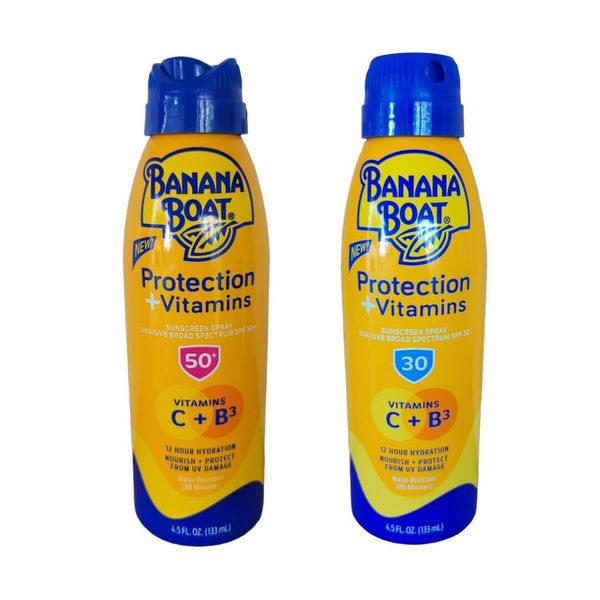 NEW 2 Banana Boat Protection & Vitamins Sunscreen Spray 4.5 oz SPF 30 + SPF 50