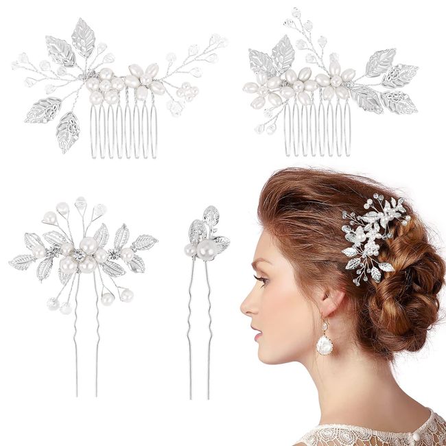 Kiiwah 4 Stück Haarschmuck Hochzeit Perle Blume Braut Haarkamm Strass Brautschmuck Braut Haarnadeln für Kommunion MäDchen Braut Brautjungfer(Silber)