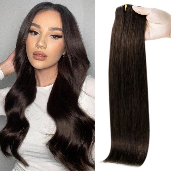 JESSBO Hair Extensions Real Human Hair Clip ins Dark Brown Real Hair Extensions Clip ins Brown Human Hair Extensions For Women Straight Double Weft 24 inch 7pcs 120g