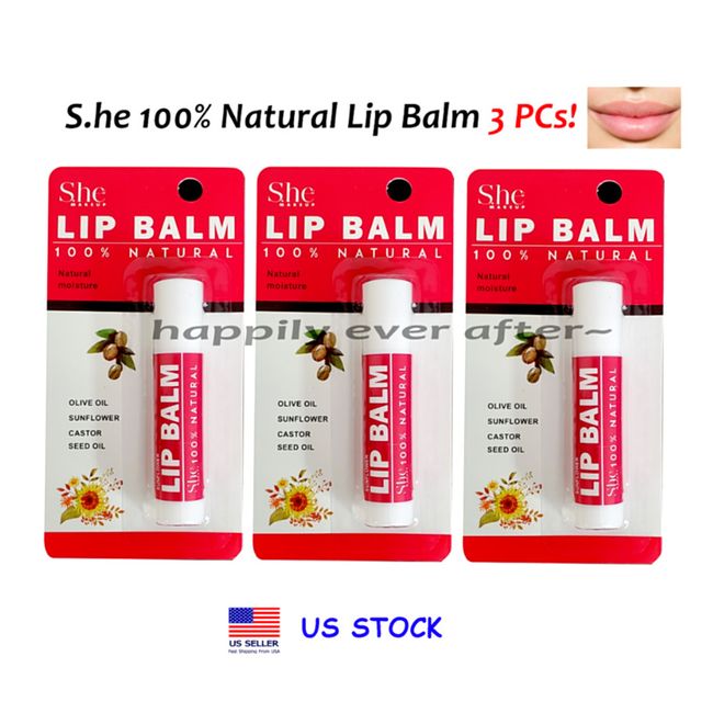 3 PCs S.he 100% Natural Lip Balm, VEGAN Natural Lip Balm w/Olive Oil & Sunflower