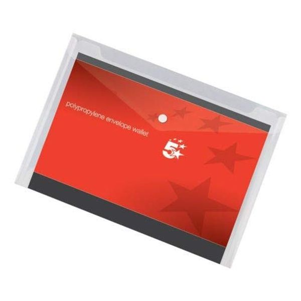 3 X Envelope Stud Wallet [Pack 5] Polypropylene A4 Transparent Clear + A Free Pen