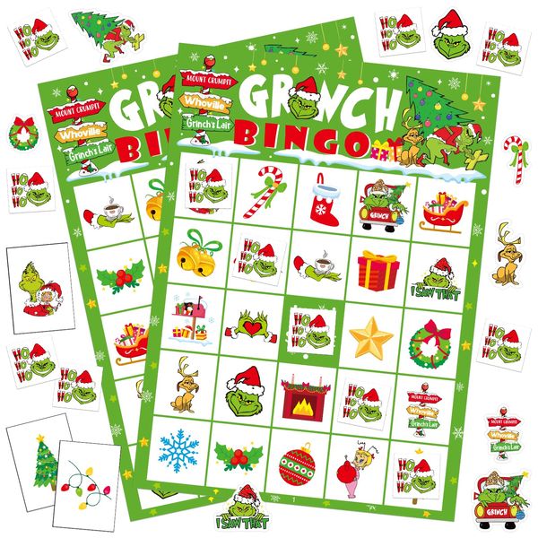 SINORANGE 24 Players Merry Christmas Bingo Cards Winter Christmas Thief Party Bingo for Green Christmas Party Classroom Bingo Activities Family Party Supplies