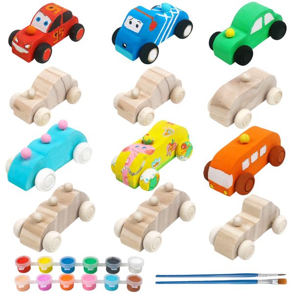 Wooden Cars Unfinished Wood Crafts DIY Craft Wood Kit for Student Family Activities Arts and Crafts Kit for Kids (12 PCS)