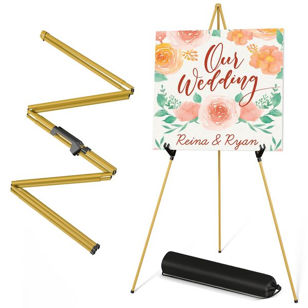 SunyesYoon Display Golden Easel Stand - 63" Artist Instant Tripod Collapsible Portable Floor Easel - Adjustable Art Poster Easy Folding Metal Stand for Display Show, Wedding, Painting